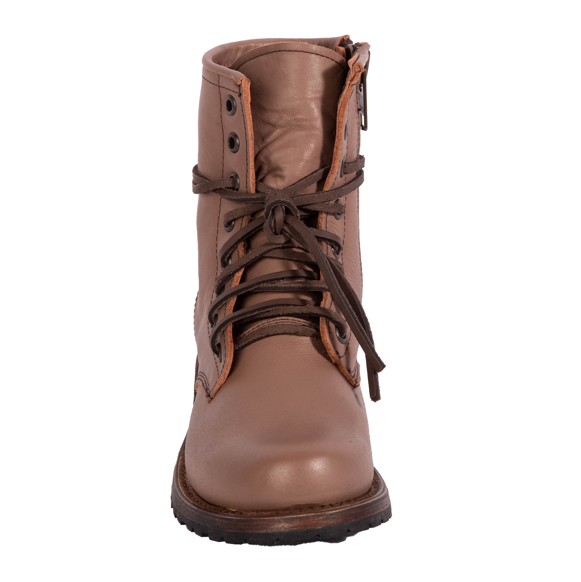 Front view showing Freebird women's MANCHESTER clay multi leather combat bootie with front tie lacing and inner brass zipper