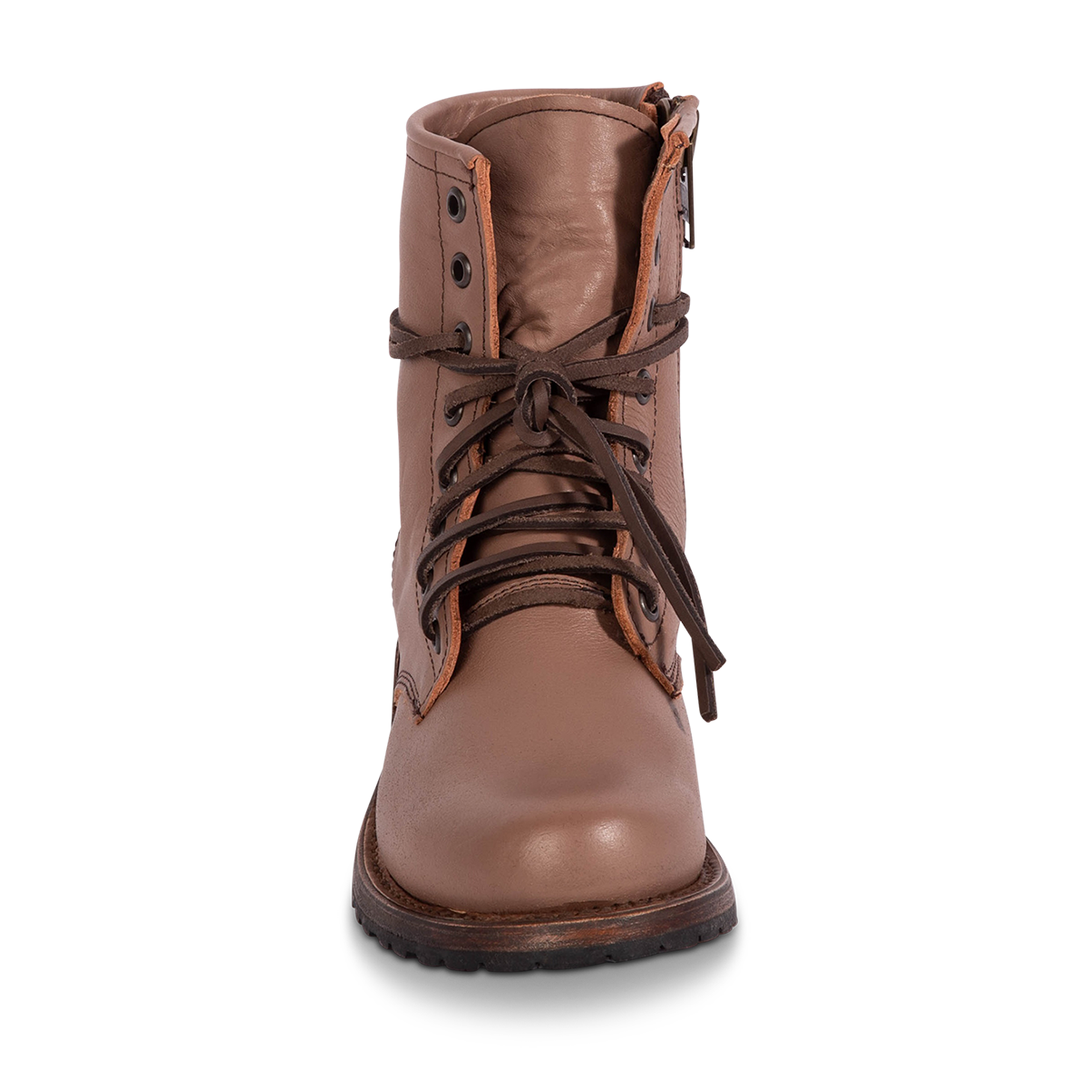 Front view showing Freebird women's MANCHESTER clay multi leather combat bootie with front tie lacing and inner brass zipper