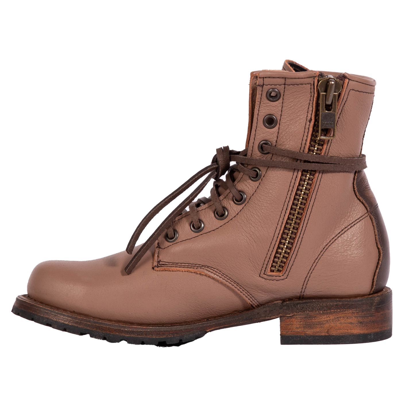 Inside view showing Freebird women's MANCHESTER clay multi leather combat bootie with an inside brass zipper, low heel & tread sole