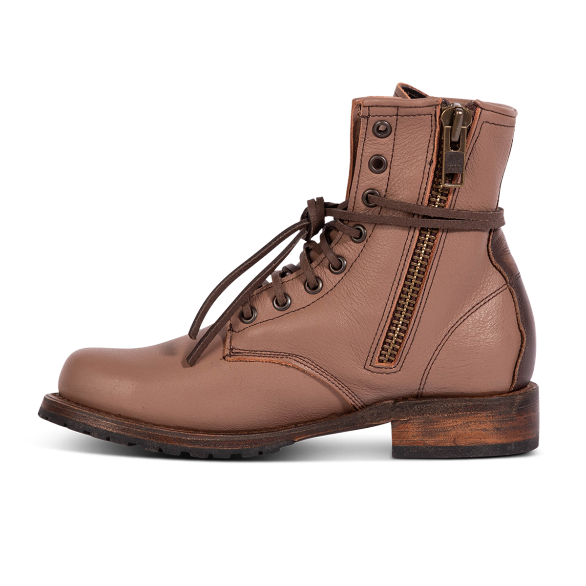 Inside view showing Freebird women's MANCHESTER clay multi leather combat bootie with an inside brass zipper, low heel & tread sole