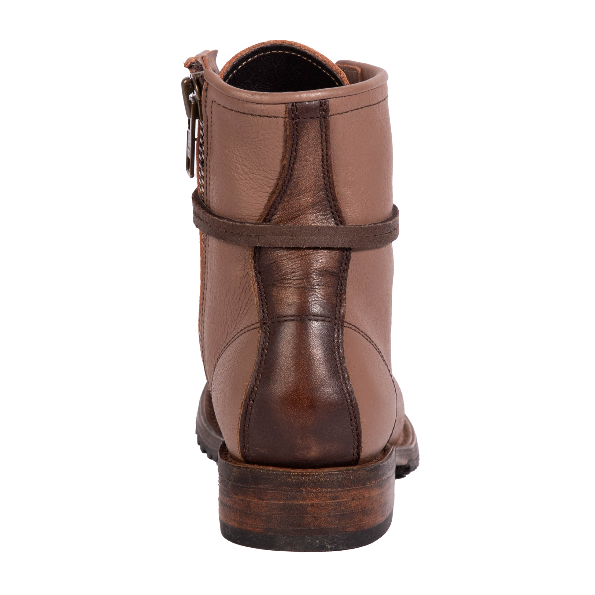 Back view showing Freebird women's MANCHESTER clay multi leather combat bootie with a low heel