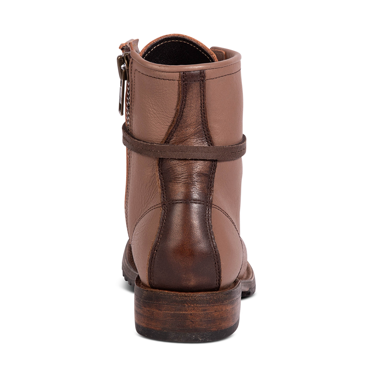 Back view showing Freebird women's MANCHESTER clay multi leather combat bootie with a low heel