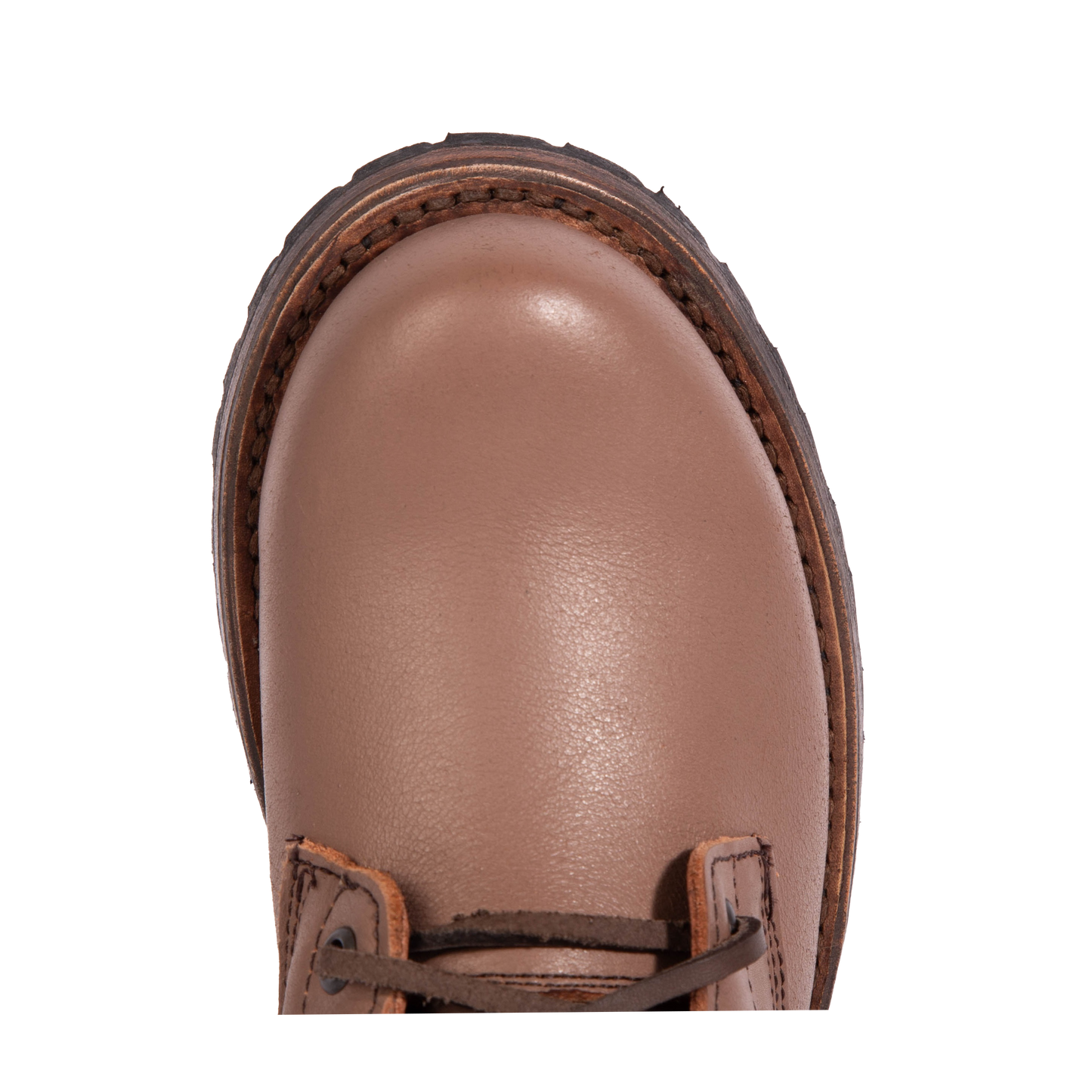 Top view showing round toe construction on Freebird women's MANCHESTER clay multi leather combat bootie