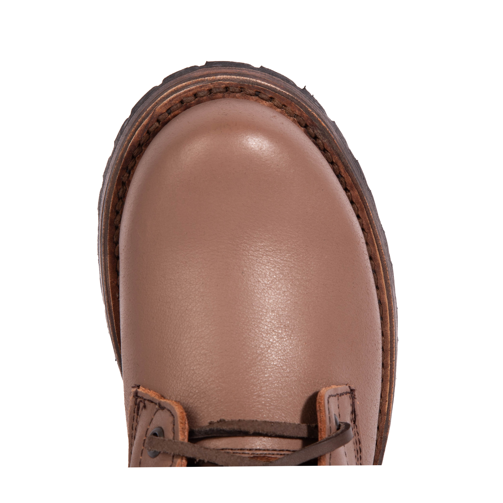 Top view showing round toe construction on Freebird women's MANCHESTER clay multi leather combat bootie