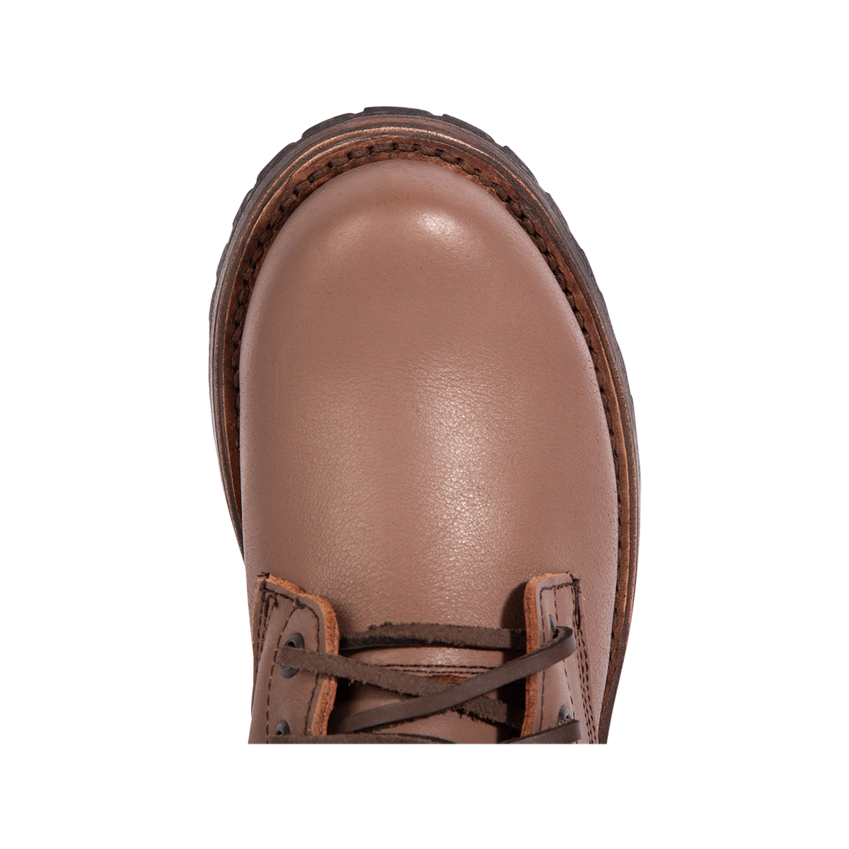Top view showing round toe construction on Freebird women's MANCHESTER clay multi leather combat bootie