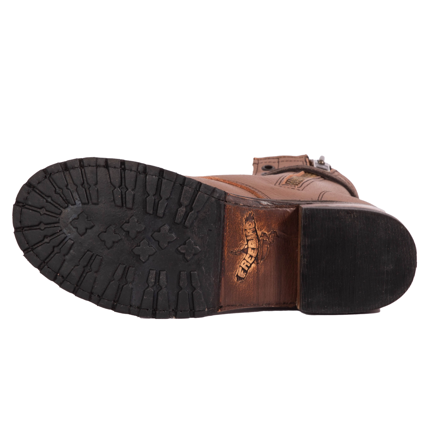 Tread sole imprinted with FREEBIRD on women's Manchester clay multi leather combat bootie