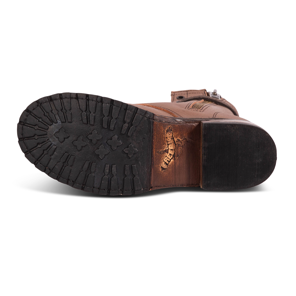 Tread sole imprinted with FREEBIRD on women's Manchester clay multi leather combat bootie