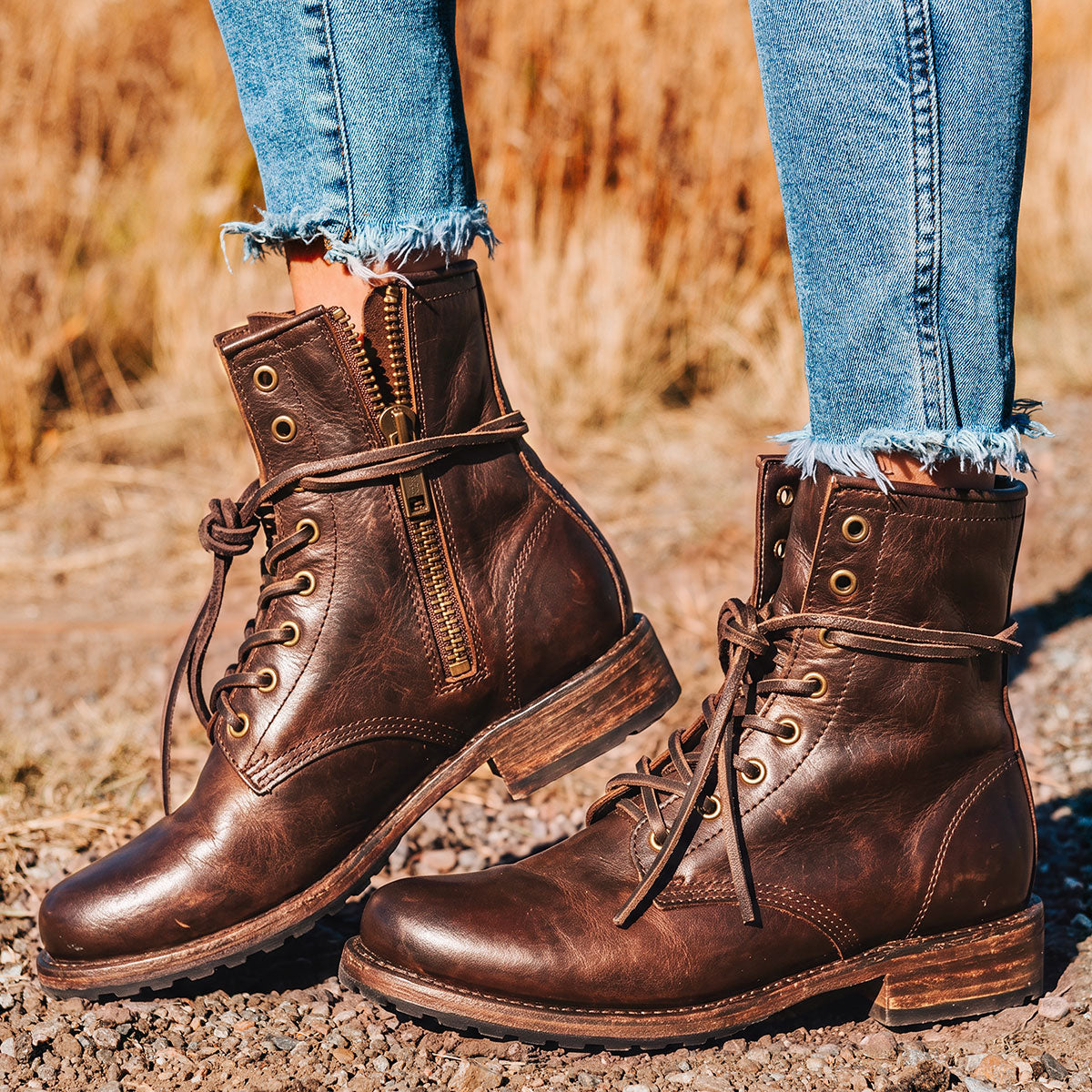 Freebird women's MANCHESTER cold brew leather combat bootie with an inside brass zipper, low heel & tread sole