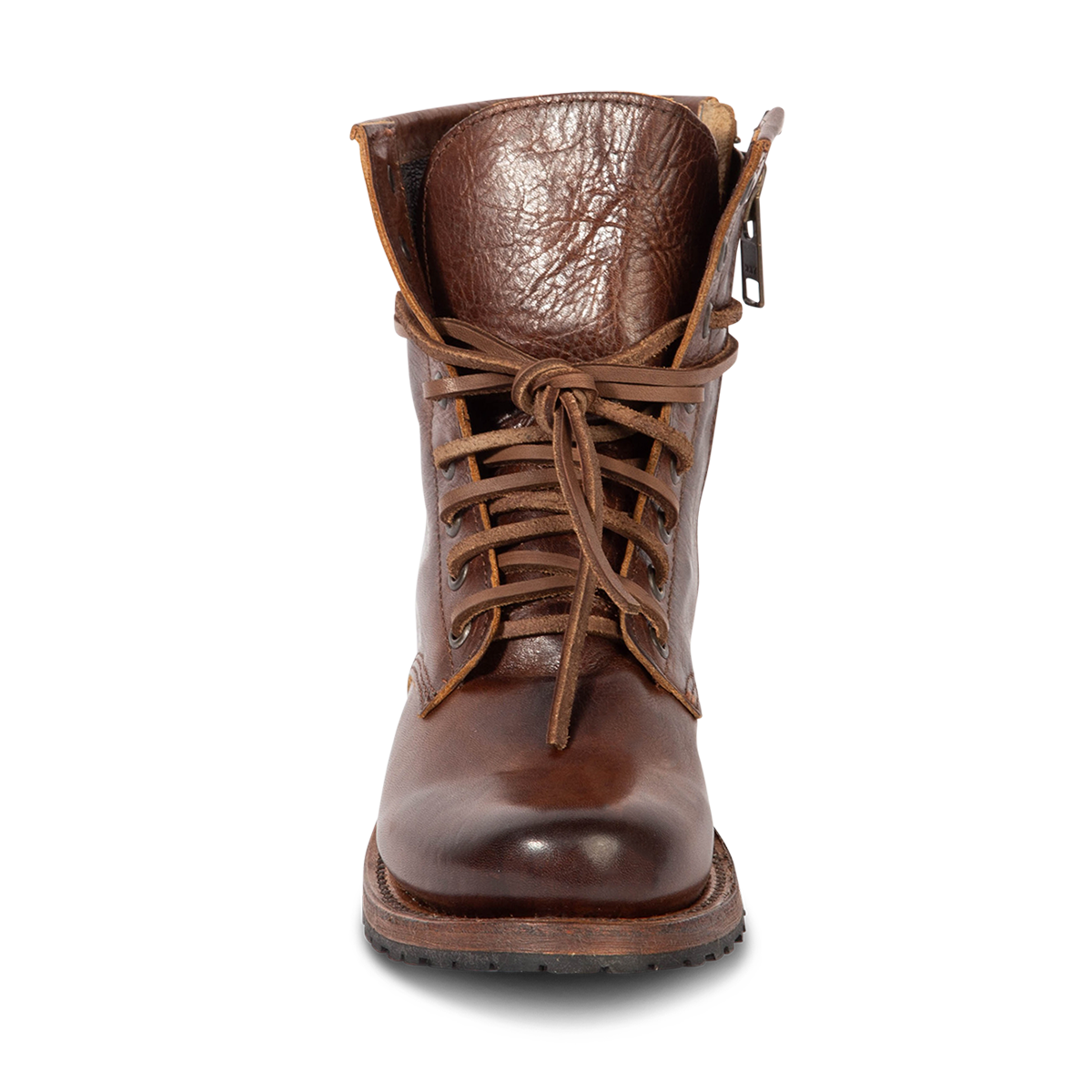 Front view showing Freebird women's MANCHESTER cold brew leather combat bootie with front tie lacing and inner brass zipper