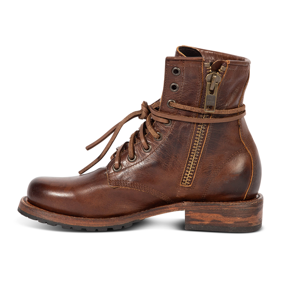 Inside view showing Freebird women's MANCHESTER cold brew leather combat bootie with an inside brass zipper, low heel & tread sole