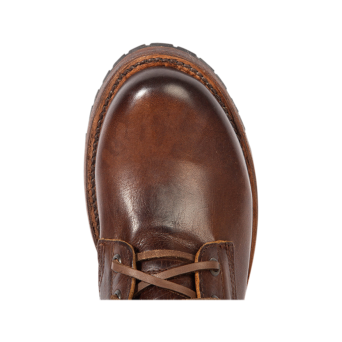 Top view showing round toe construction on Freebird women's MANCHESTER cold brew leather combat bootie