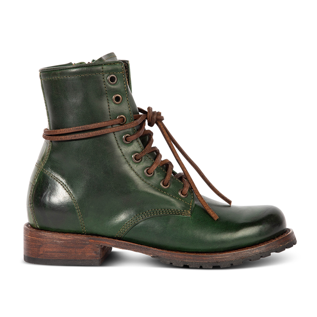 Freebird women's MANCHESTER green multi leather combat bootie with an inside brass zipper, low heel & tread sole