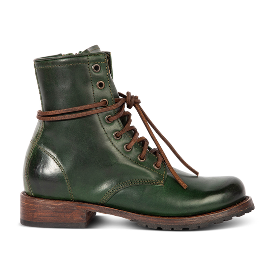 Freebird women's MANCHESTER green multi leather combat bootie with an inside brass zipper, low heel & tread sole