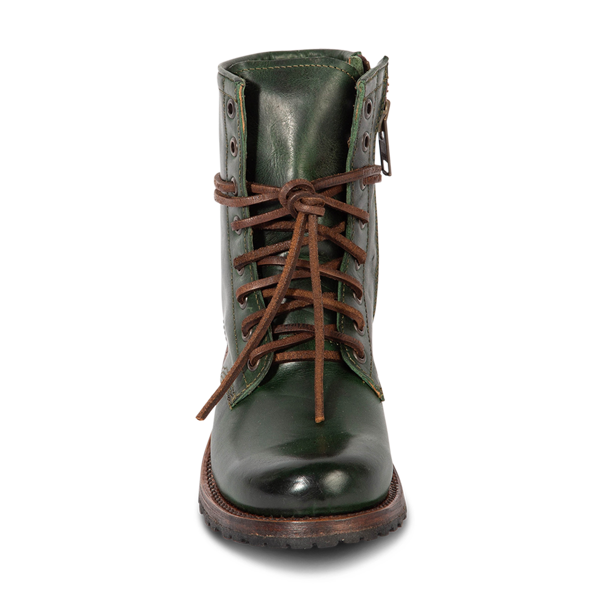 Front view showing Freebird women's MANCHESTER green multi leather combat bootie with front tie lacing and inner brass zipper