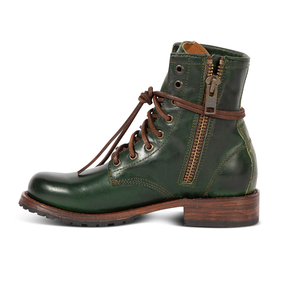 Inside view showing Freebird women's MANCHESTER green multi leather combat bootie with an inside brass zipper, low heel & tread sole