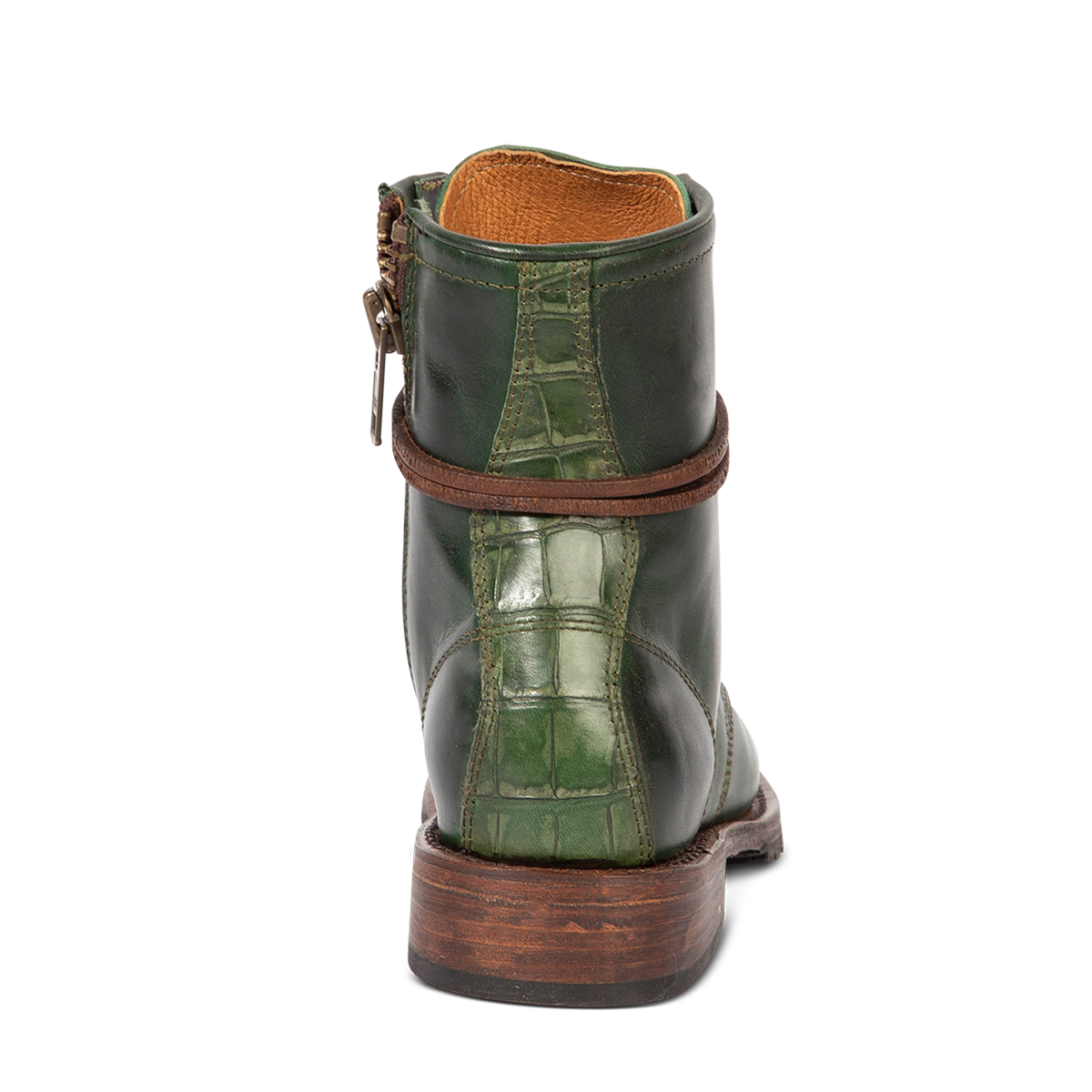 Back view showing Freebird women's MANCHESTER green multi leather combat bootie with a low heel