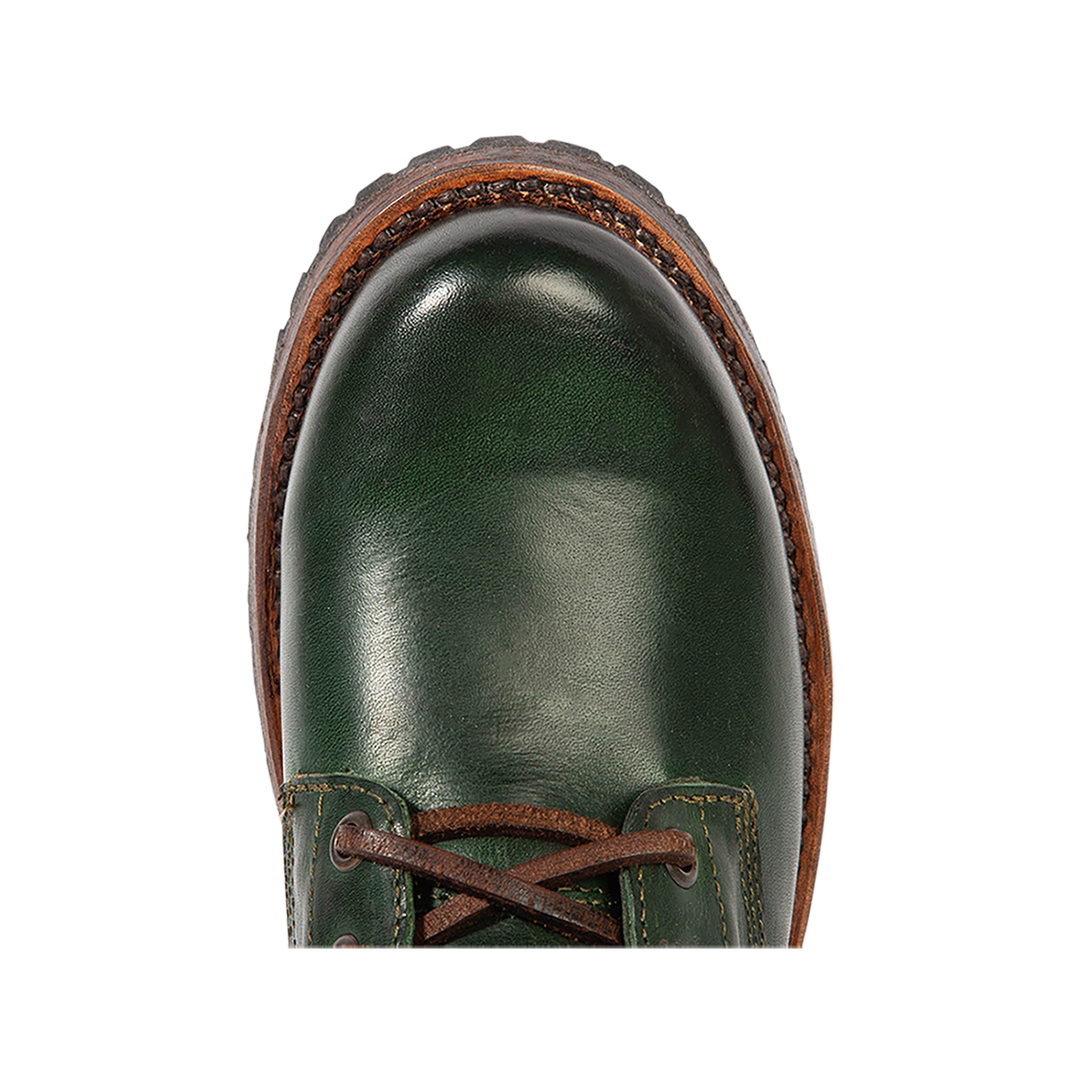 Top view showing round toe construction on Freebird women's MANCHESTER green multi leather combat bootie