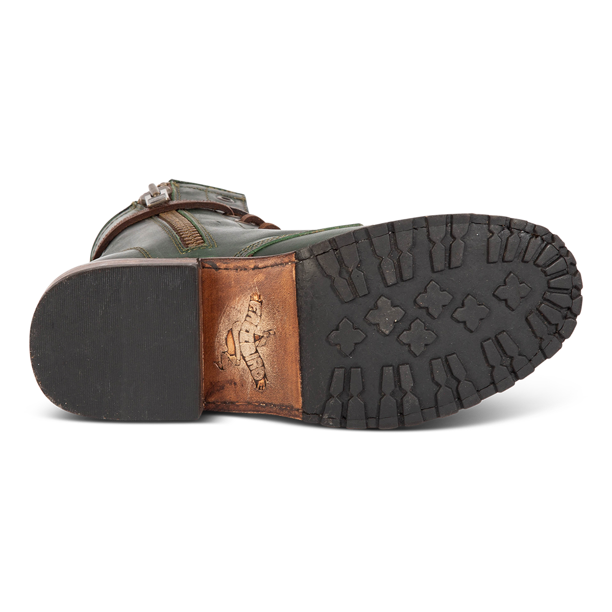 Tread sole imprinted with FREEBIRD on women's Manchester green multi leather combat bootie