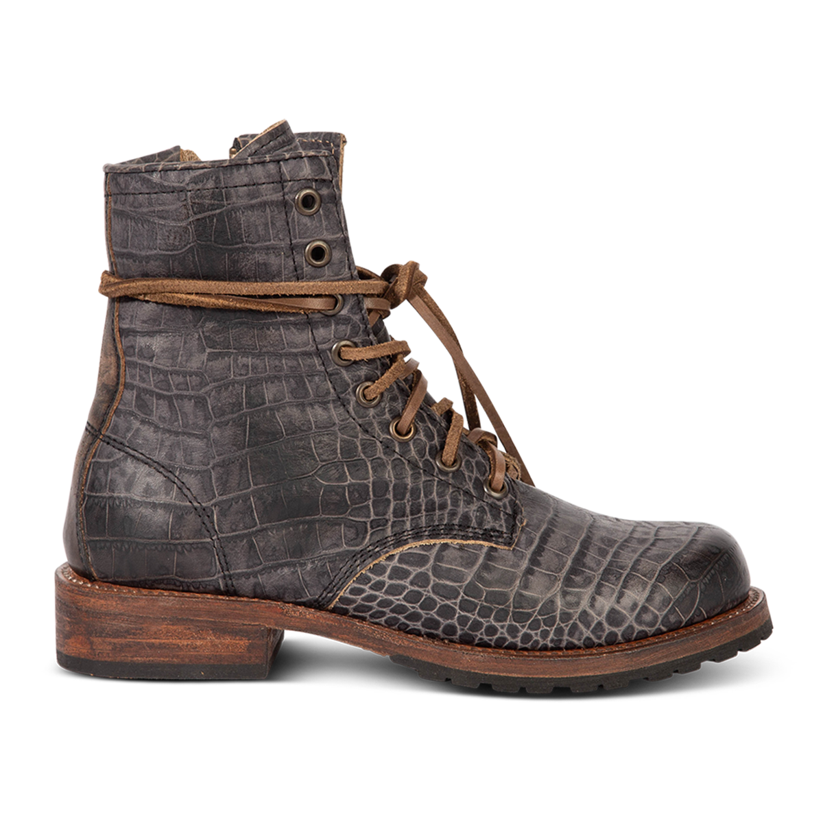 Freebird women's MANCHESTER grey croco leather combat bootie with an inside brass zipper, low heel & tread sole