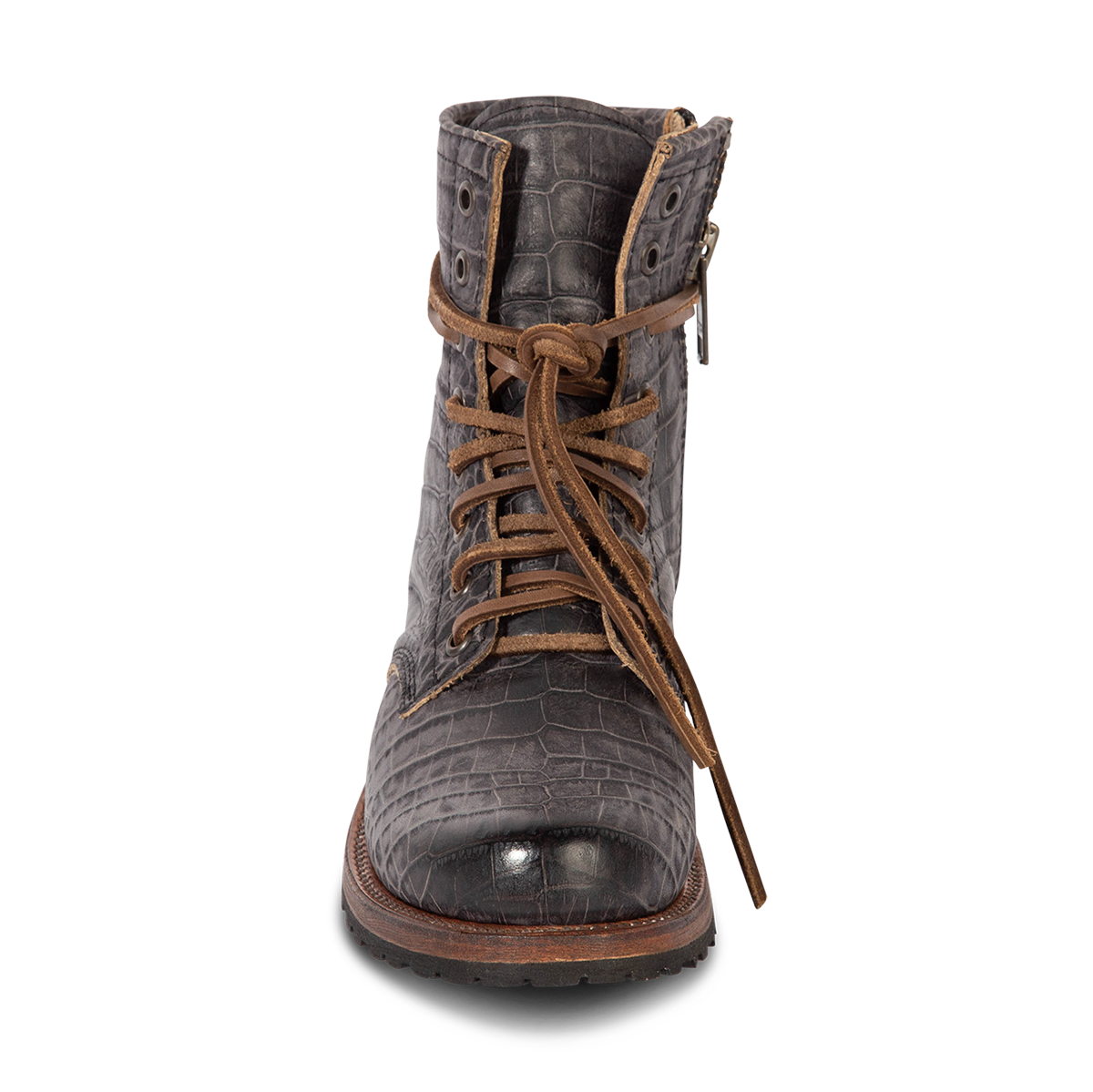 Front view showing Freebird women's MANCHESTER grey croco leather combat bootie with front tie lacing and inner brass zipper