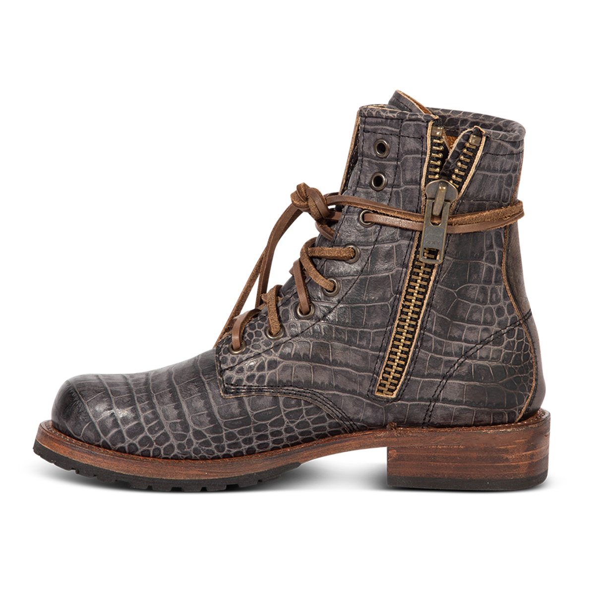 Inside view showing Freebird women's MANCHESTER grey croco leather combat bootie with an inside brass zipper, low heel & tread sole
