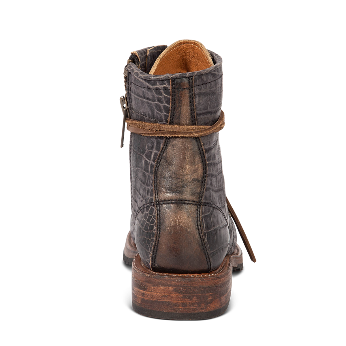 Back view showing Freebird women's MANCHESTER grey croco leather combat bootie with a low heel