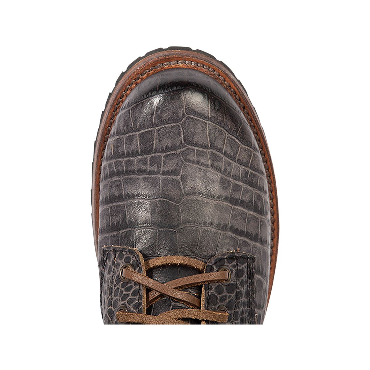 Top view showing round toe construction on Freebird women's MANCHESTER grey croco leather combat bootie