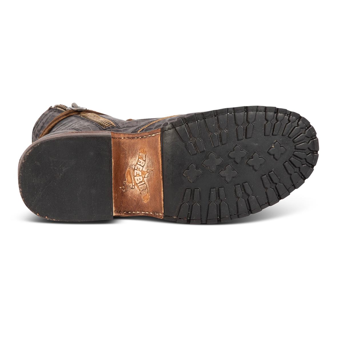 Tread sole imprinted with FREEBIRD on women's Manchester grey croco leather combat bootie