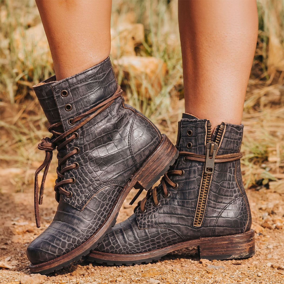 Freebird women's MANCHESTER grey croco leather combat bootie with an inside brass zipper, low heel & tread sole