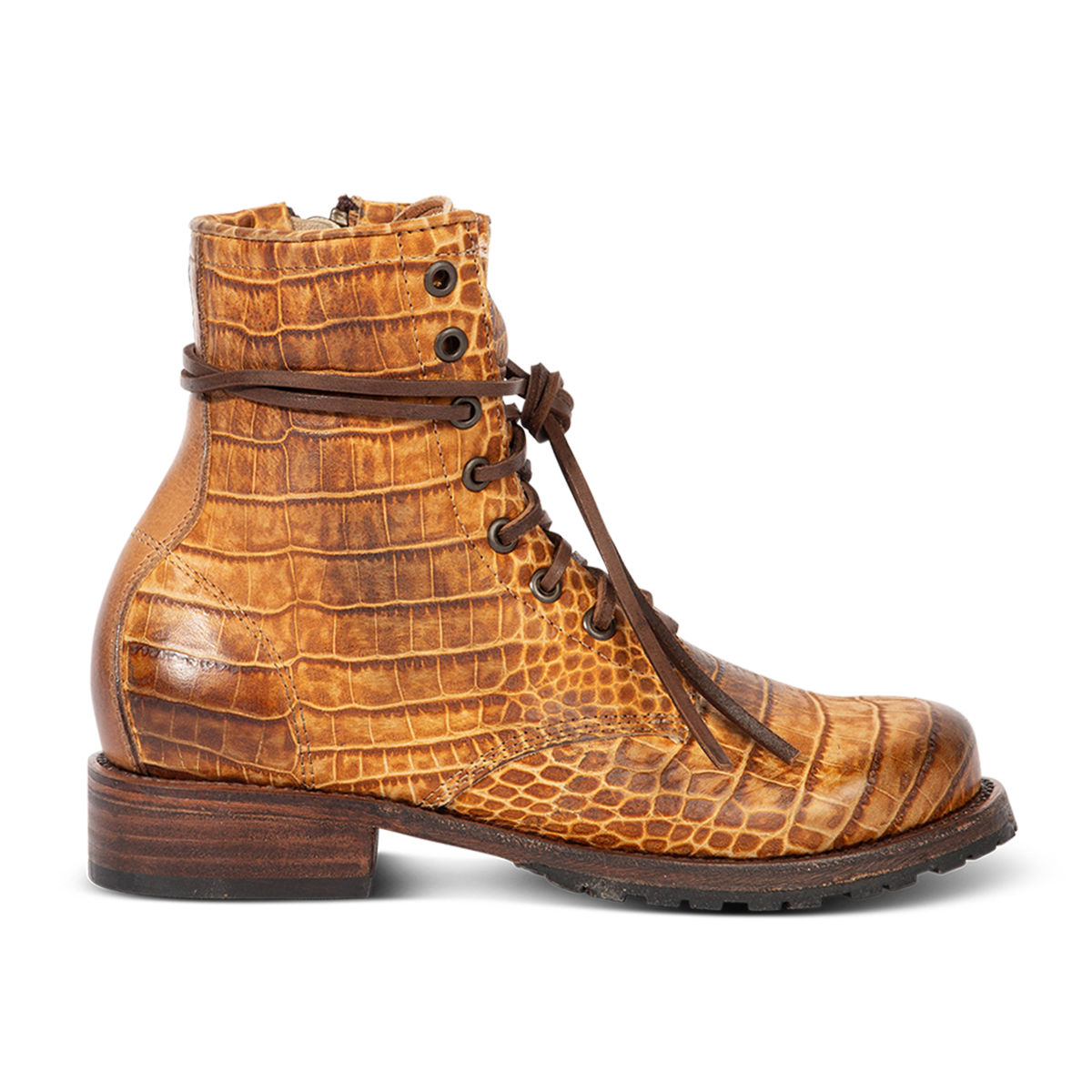 Freebird women's MANCHESTER tan croco leather combat bootie with an inside brass zipper, low heel & tread sole