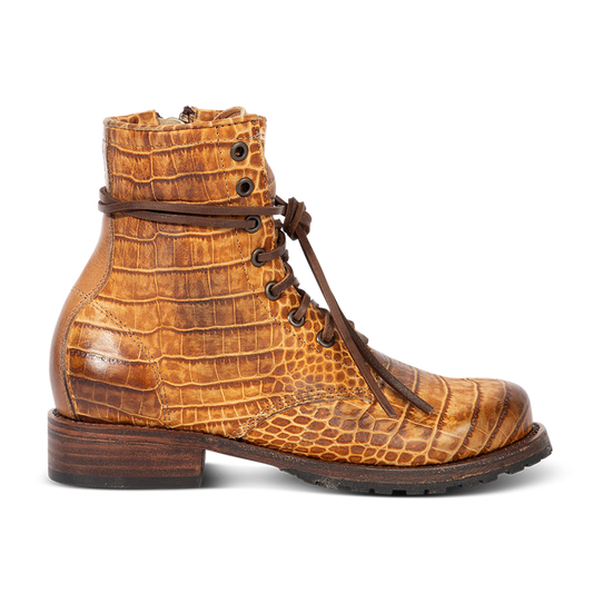 Freebird women's MANCHESTER tan croco leather combat bootie with an inside brass zipper, low heel & tread sole