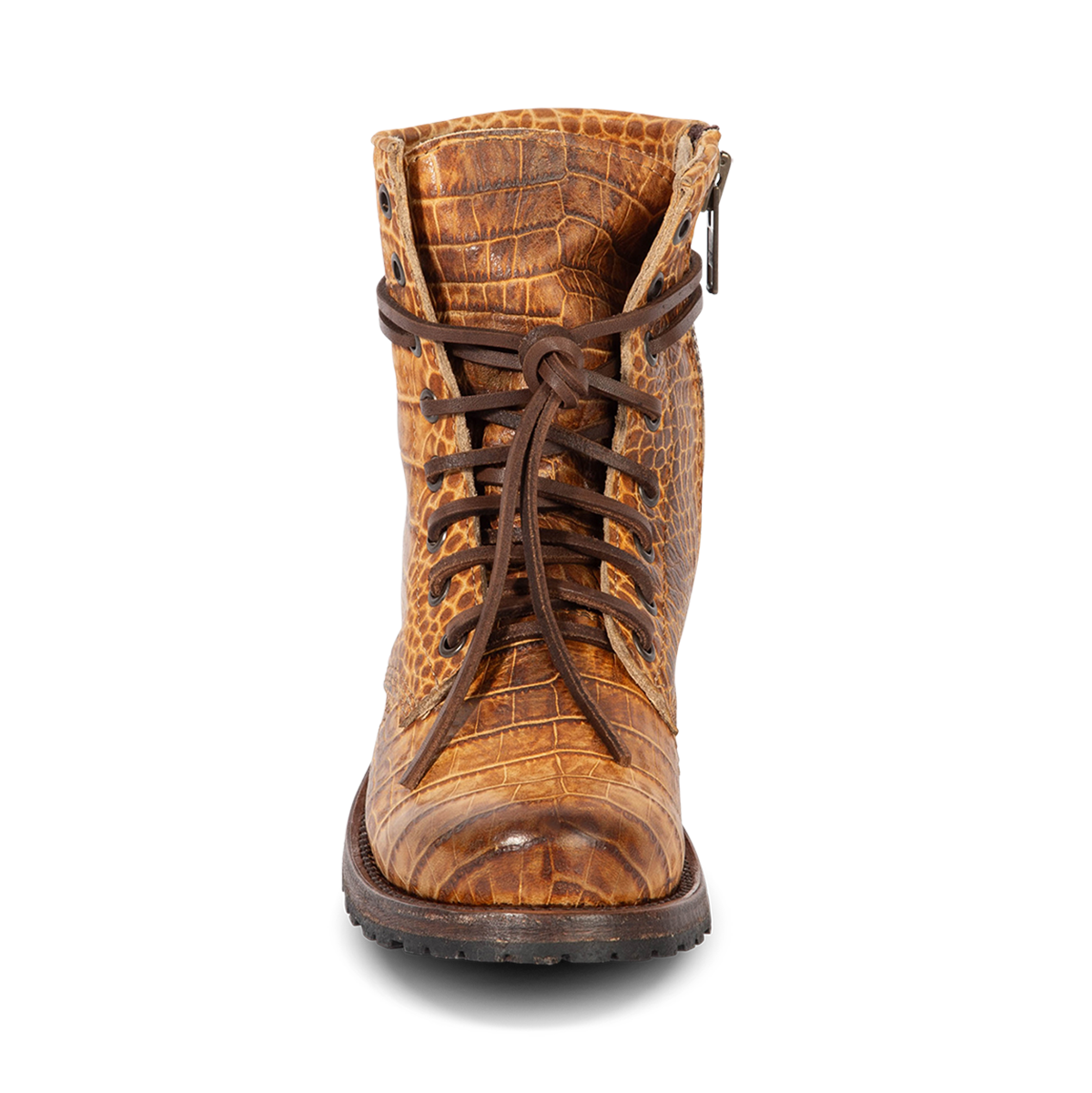 Front view showing Freebird women's MANCHESTER tan croco leather combat bootie with front tie lacing and inner brass zipper