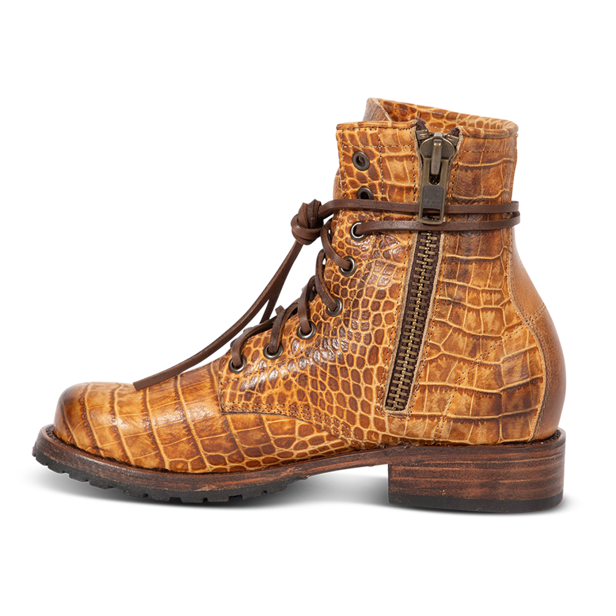 Inside view showing Freebird women's MANCHESTER tan croco leather combat bootie with an inside brass zipper, low heel & tread sole
