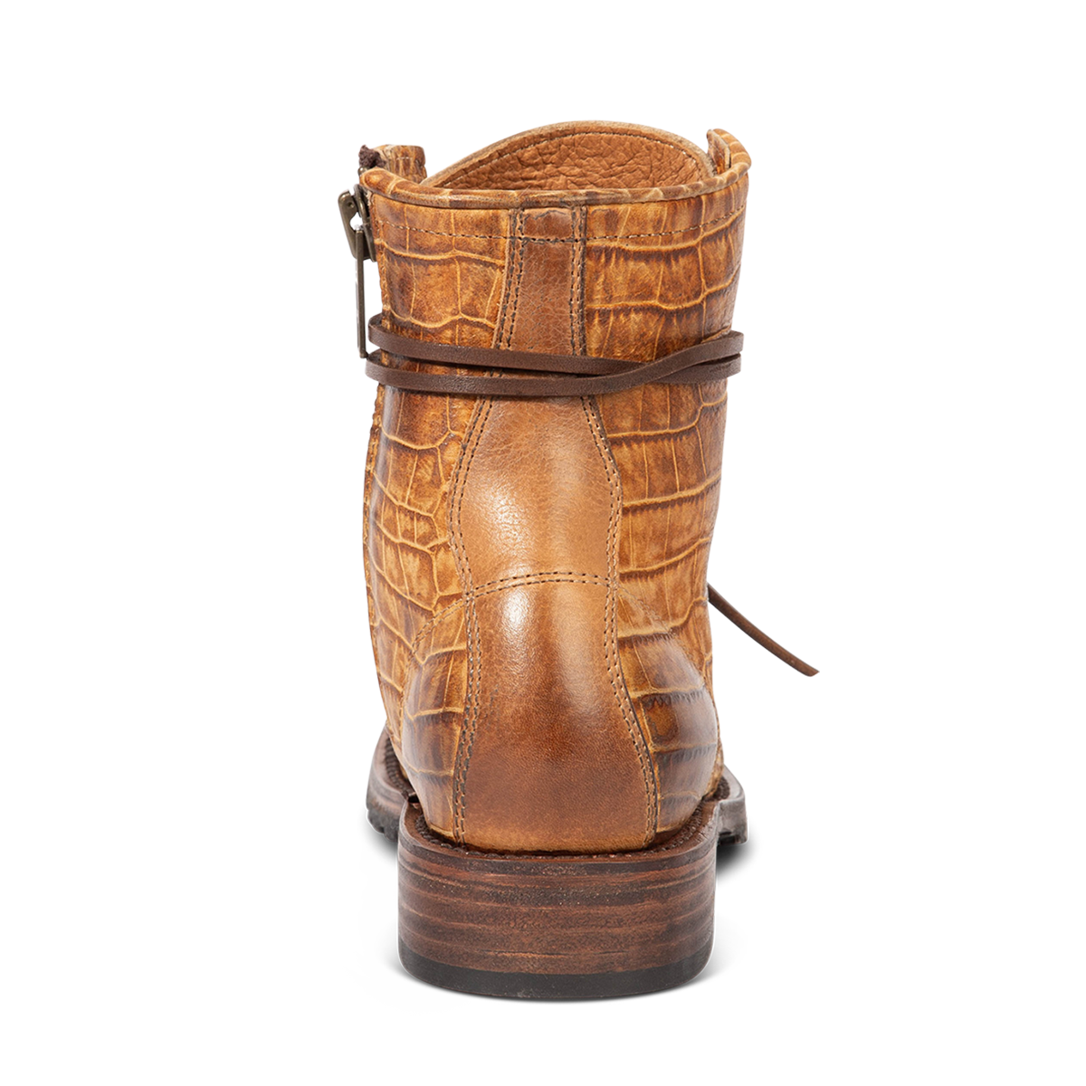 Back view showing Freebird women's MANCHESTER tan croco leather combat bootie with a low heel