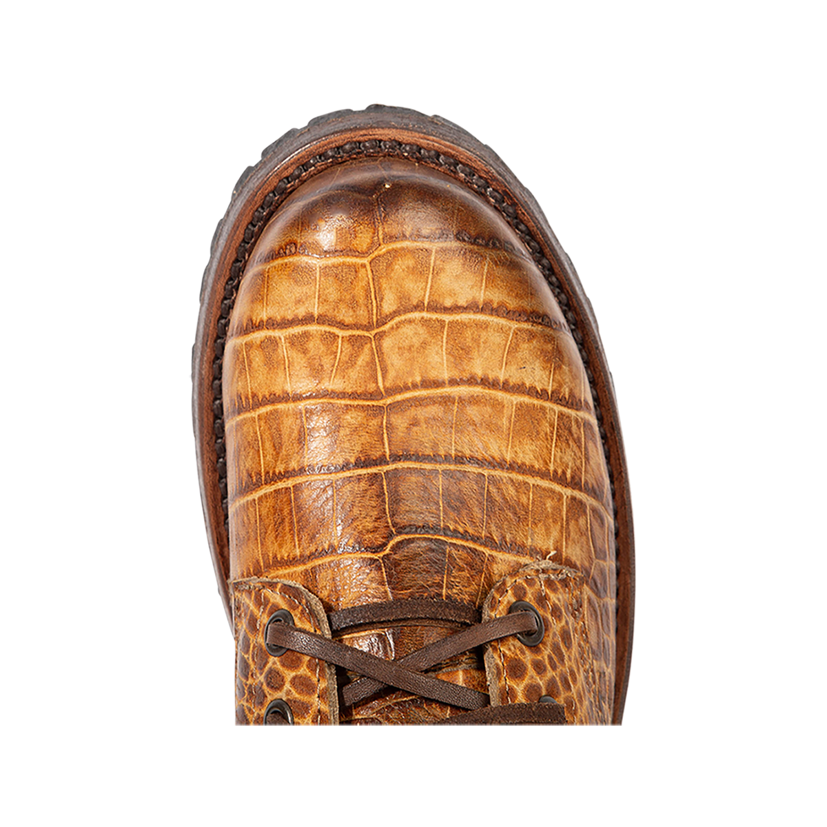 Top view showing round toe construction on Freebird women's MANCHESTER tan croco leather combat bootie