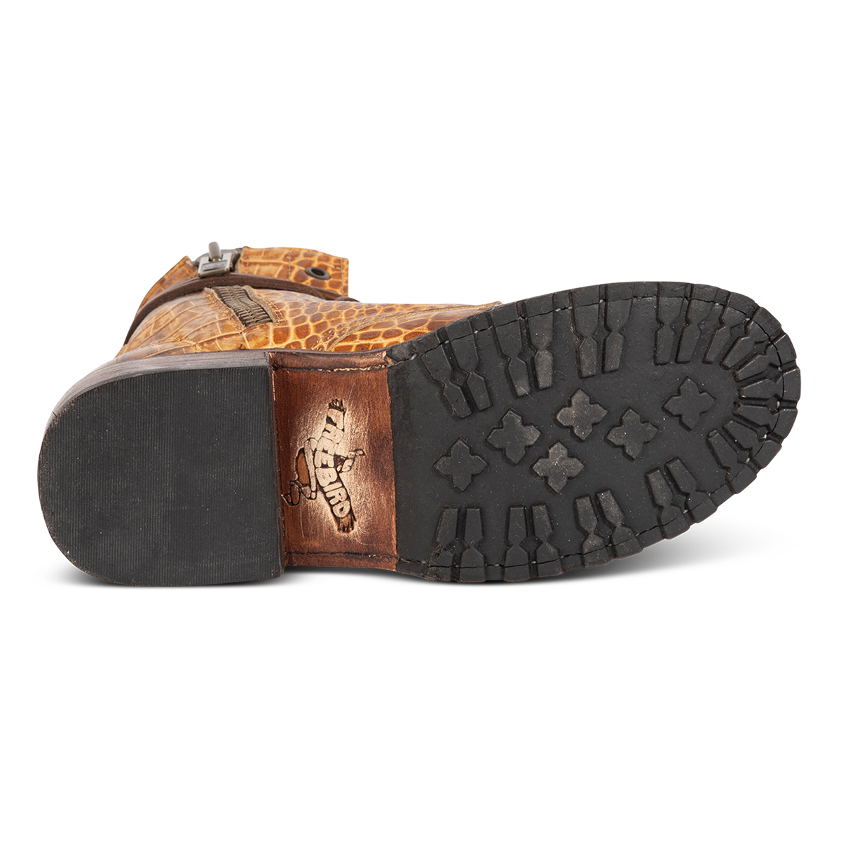 Tread sole imprinted with FREEBIRD on women's Manchester tan croco leather combat bootie
