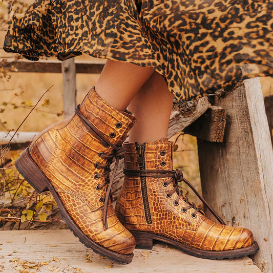 Freebird women's MANCHESTER tan croco leather combat bootie with an inside brass zipper, low heel & tread sole