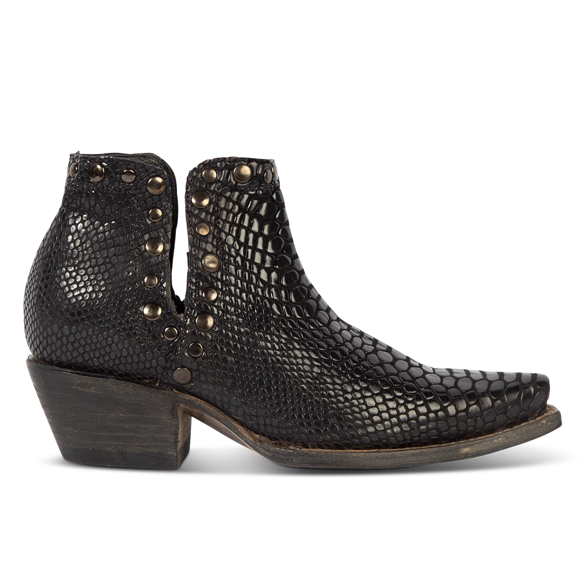 FREEBIRD women's Mandy black embossed leather ankle bootie with exposed ankle cutouts, studded detailing and snip toe construction
