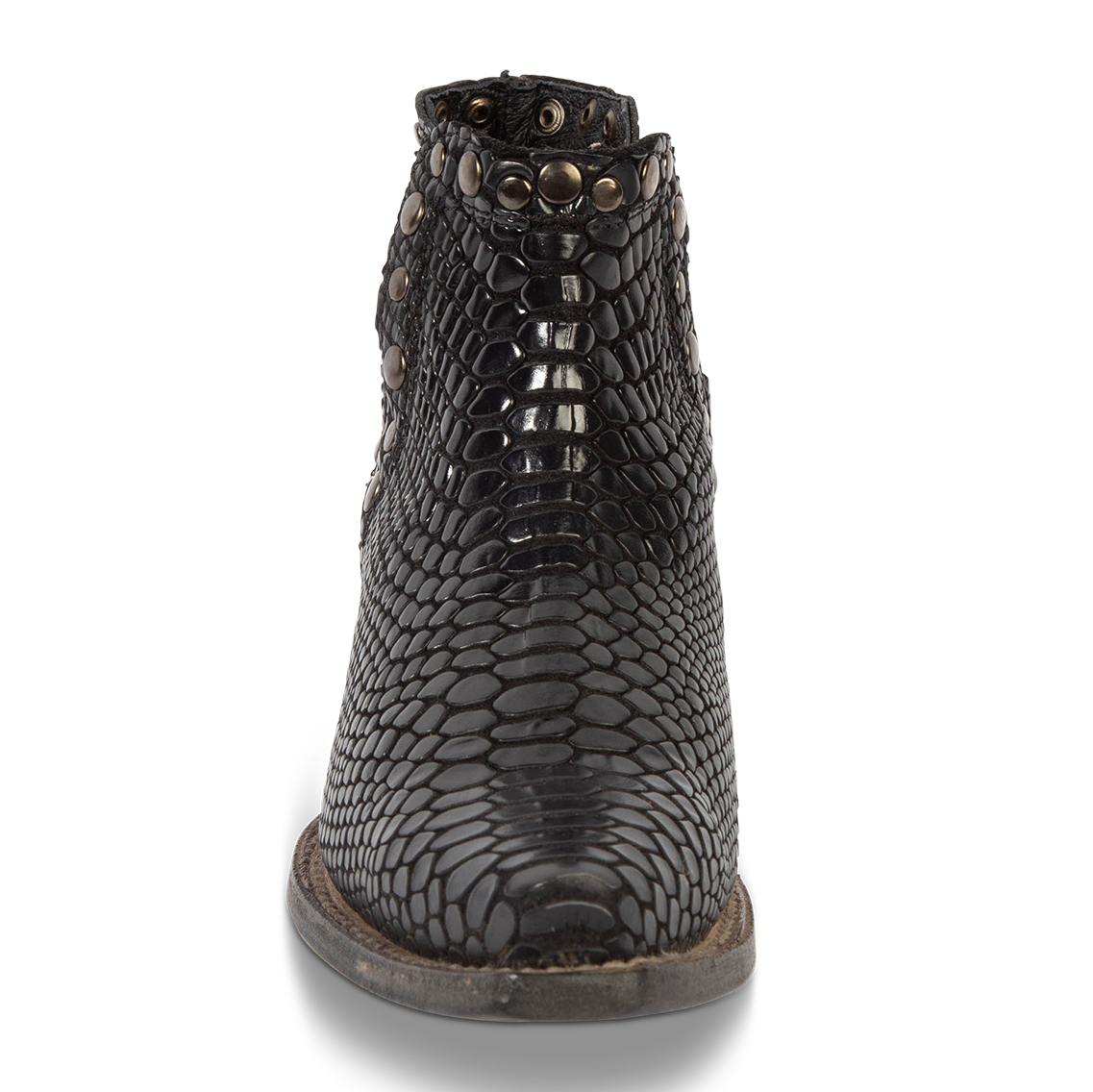 Front view showing exposed ankle cutouts, studded detailing and snip toe construction on  FREEBIRD women's Mandy black embossed leather ankle bootie