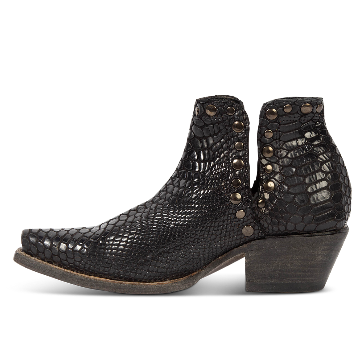 Inside view showing exposed ankle cutouts, studded detailing and snip toe construction on FREEBIRD women's Mandy black embossed leather ankle bootie