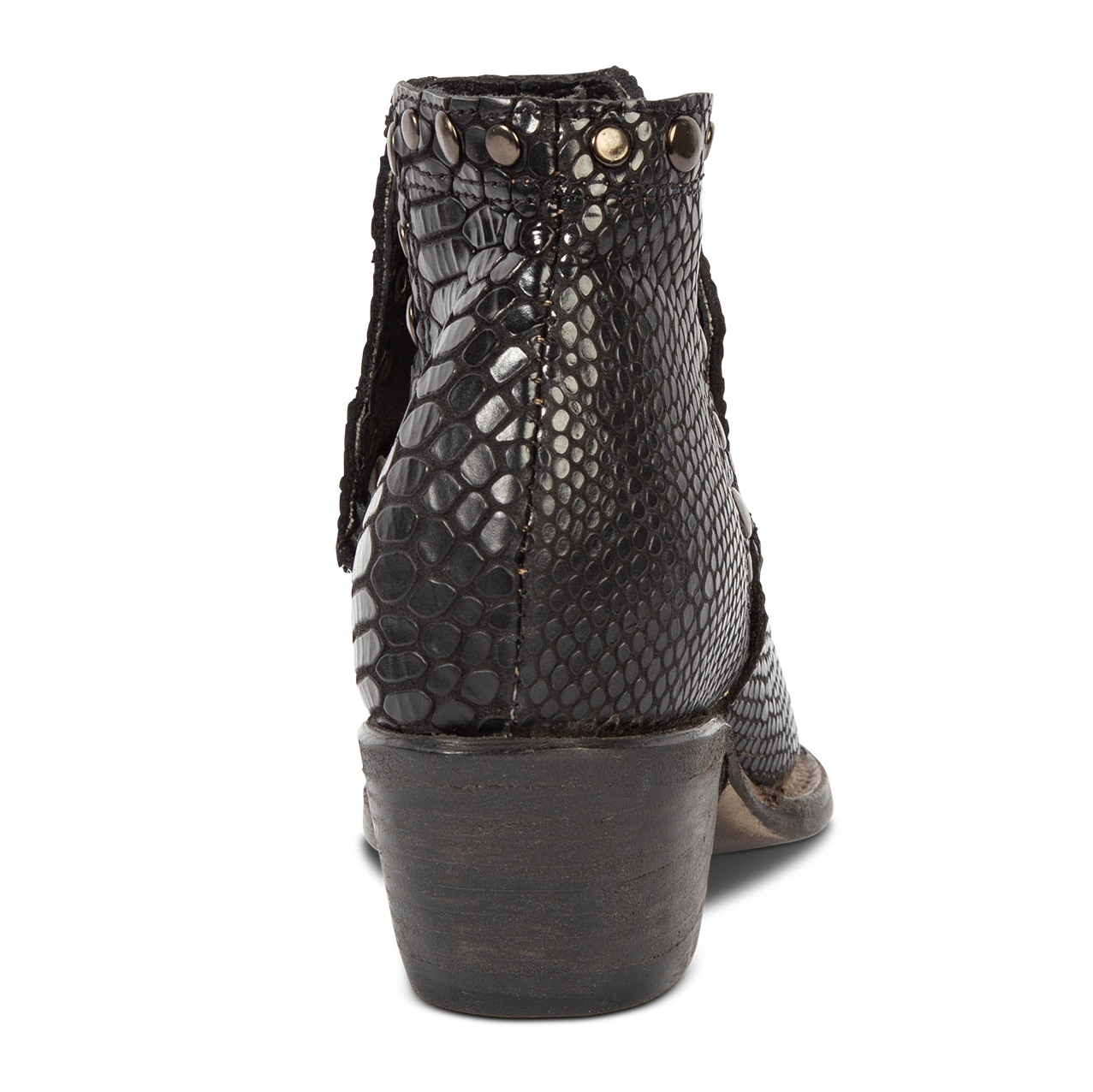 Back view showing low block heel and studded detailing on FREEBIRD women's Mandy black embossed leather ankle bootie