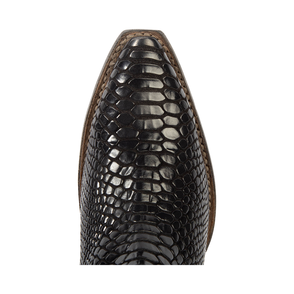 Top view showing snip toe on FREEBIRD women's Mandy black embossed leather ankle bootie