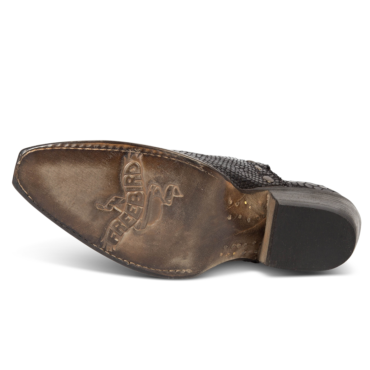 Leather sole imprinted with FREEBIRD on women's Mandy black embossed leather ankle bootie