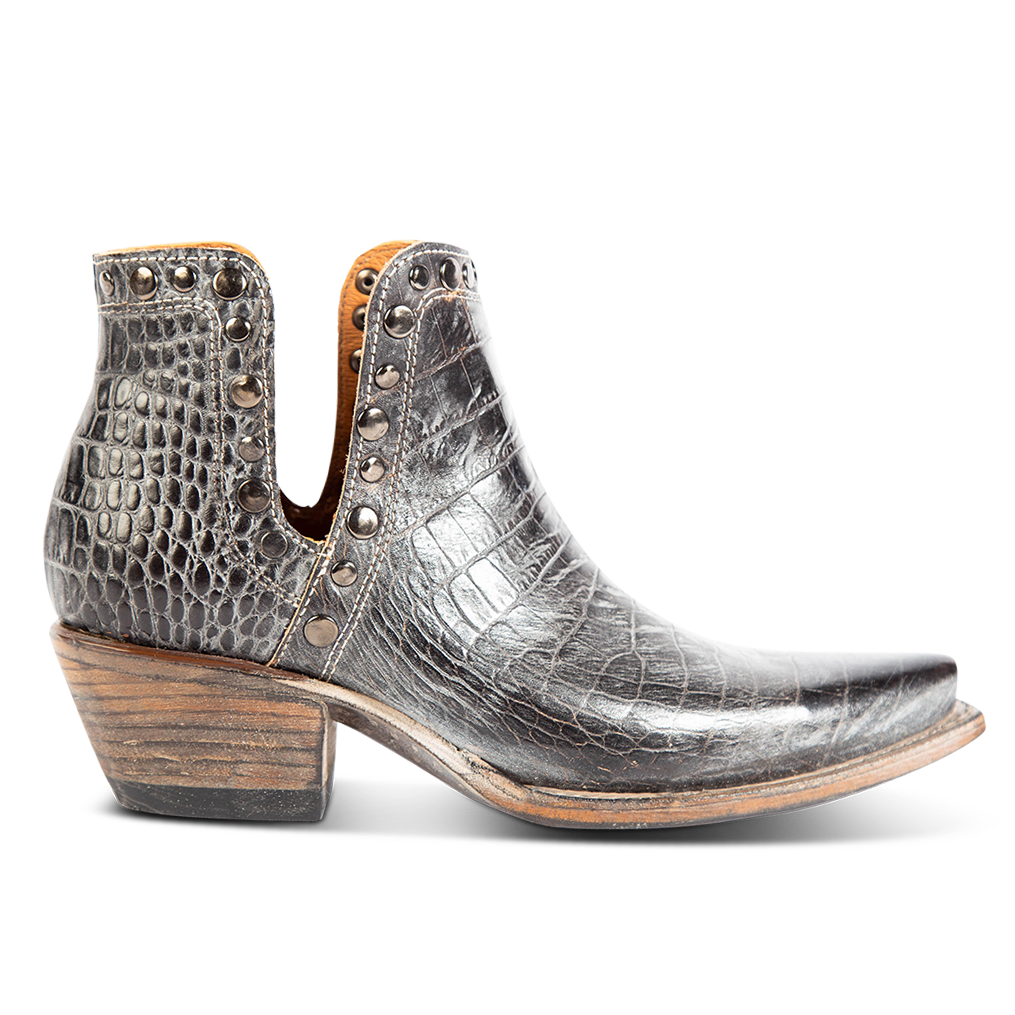 FREEBIRD women's Mandy ice snake embossed leather ankle bootie with exposed ankle cutouts, studded detailing and snip toe construction