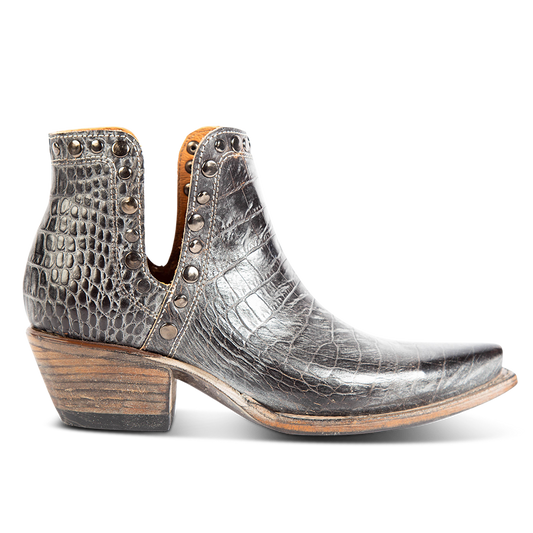 FREEBIRD women's Mandy ice snake embossed leather ankle bootie with exposed ankle cutouts, studded detailing and snip toe construction