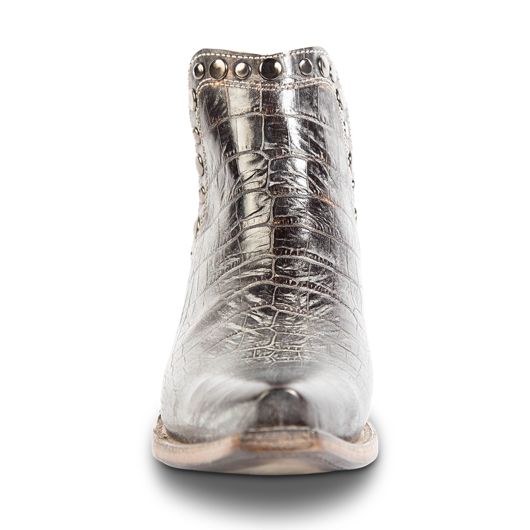 Front view showing exposed ankle cutouts, studded detailing and snip toe construction on FREEBIRD women's Mandy ice snake embossed leather ankle bootie