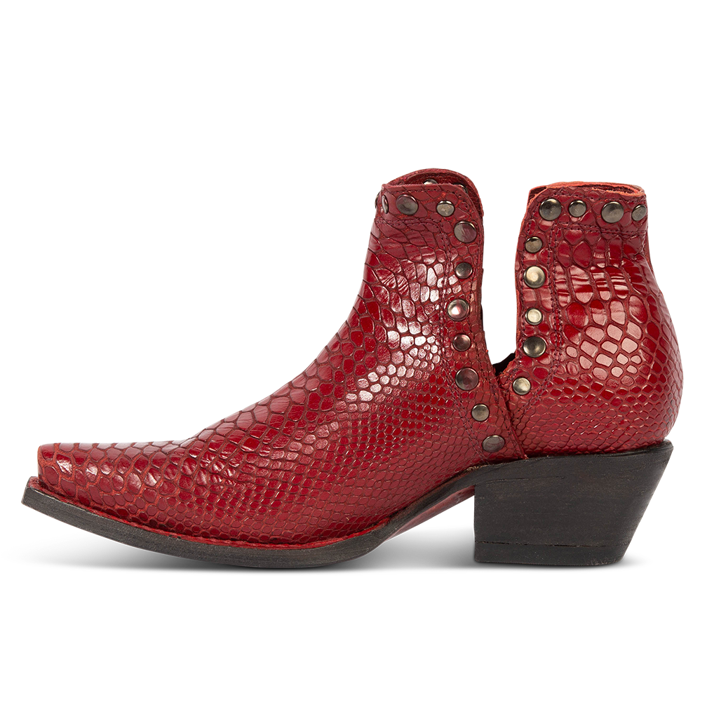 Inside view showing exposed ankle cutouts, studded detailing and snip toe construction on FREEBIRD women's Mandy red embossed leather ankle bootie