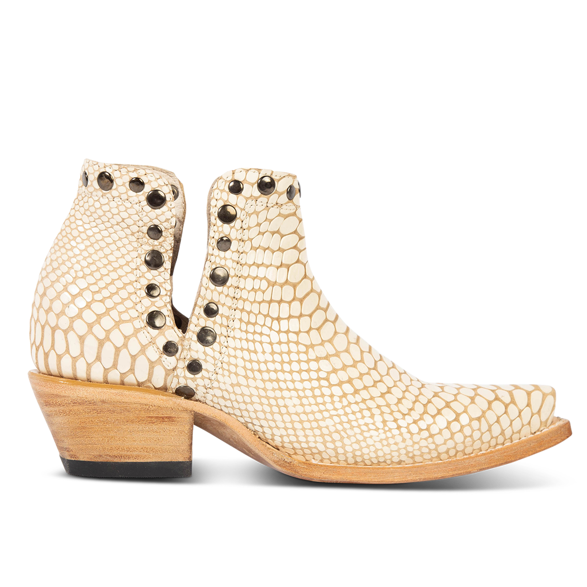 FREEBIRD women's Mandy white embossed leather ankle bootie with exposed ankle cutouts, studded detailing and snip toe construction