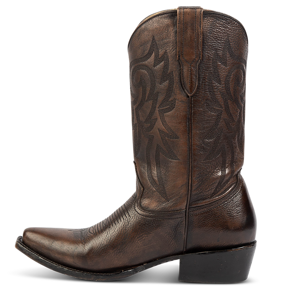 Inside view showing FREEBIRD men's Marshall black distressed leather western cowboy boot with shaft stitch detailing, snip toe construction and leather pull straps