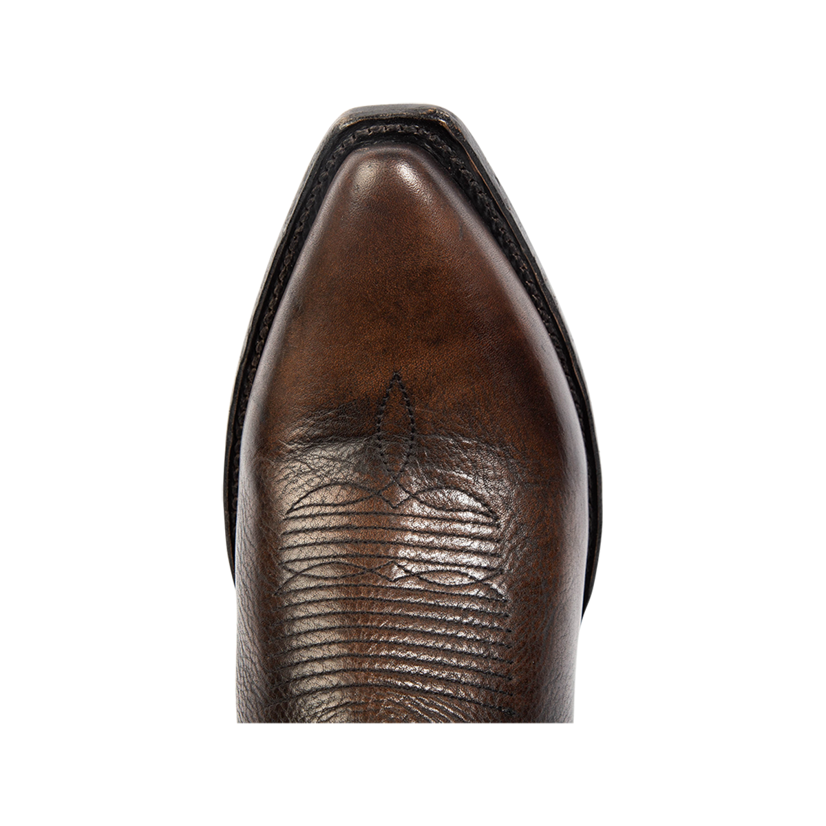 Top view showing snip toe construction and stitch detailing on FREEBIRD men's Marshall black distressed leather western cowboy boot